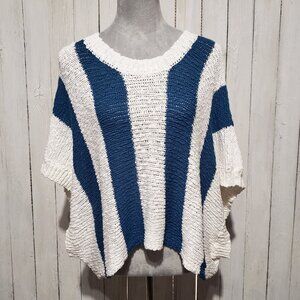 Rag Poets M L Poncho Sweater White Blue Stripe Oversized Boho Coastal Preppy Y2K